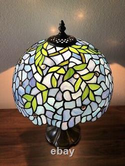 Enjoy Tiffany-Style Table Lamp Leaf Blue Stained Glass Vintage 19H12W