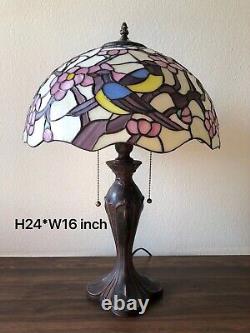Enjoy Tiffany Style Table Lamp Magpies Plum Flowers Stained Glass Vintage H24
