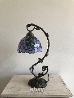 Enjoy Tiffany Style Table Lamp Purple Stained Glass Green Leave Vintage H21W11