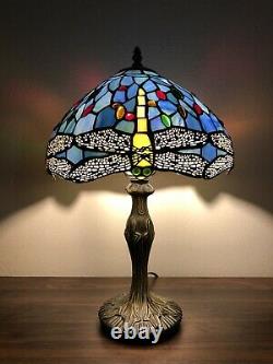 Enjoy Tiffany Style Table Lamp Sky Blue Stained Glass Dragonfly Vintage 19H12W