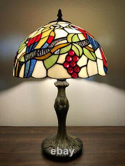 Enjoy Tiffany Style Table Lamp Stained Glass Parrots Grape Vintage 19H12W