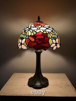 Enjoy Tiffany Style Table Lamp Stained Glass Rose Flower Vintage H19W12 Inch