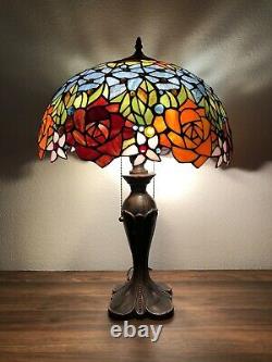 Enjoy Tiffany Style Table Lamp Stained Glass Rose Flowers Blue Vintage W16H24