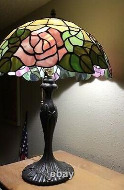 Enjoy Tiffany Style Table Lamp Stained Glass Rose Flowers Pink Green W17H24