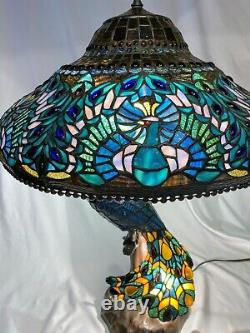 Exceptional Peacock Stained Glass Tiffany Style 3 Way Table Lamp Reproduction