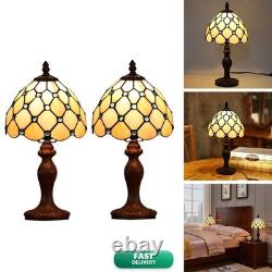 FUMAT Tiffany Small Table Lamp Living Room Blue Beads Stained Glass Bedside
