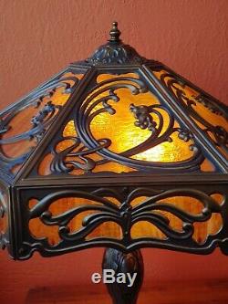 Fabulous Vintage Flowing Art Nouveau Style Stained Slag Glass Lamp Butterfly