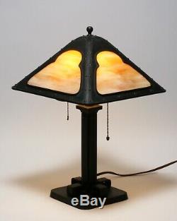 Fine American Arts & Crafts Table Lamp Circa 1910 Iron-Copper-Stained Glass