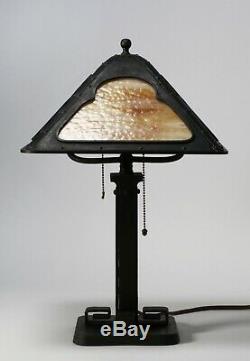Fine American Arts & Crafts Table Lamp Circa 1910 Iron-Copper-Stained Glass