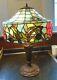Fine Antique Peony Flower Leaded Stained Glass Lamp With Cast Iron Base