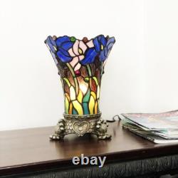 Floral 1-Light Stained Glass Antique Brass Accent Lamp 11 Tall Shade