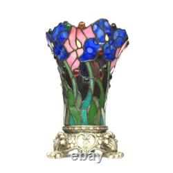 Floral 1-Light Stained Glass Antique Brass Accent Lamp 11 Tall Shade