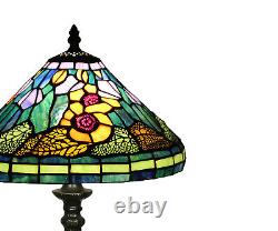 Free Postage JT Tiffany Stained Glass Green Floral Style Table Bedside Lamp