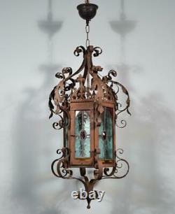 French Antique Iron and Stained Glass Hanging Chandelier/Lamp