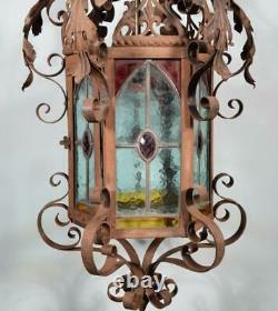 French Antique Iron and Stained Glass Hanging Chandelier/Lamp