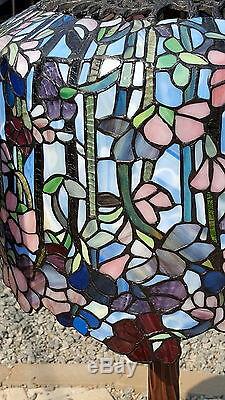 GORGEOUS 28T HM Stained Glass Lamp WISTERIA FLOWERS Metal Tree Trunk Base WOW
