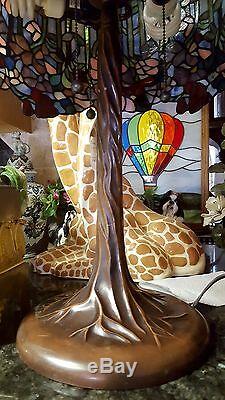 GORGEOUS 28T HM Stained Glass Lamp WISTERIA FLOWERS Metal Tree Trunk Base WOW