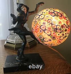Gerdago Antique Art Deco Pixie Harlequin Figural Lamp Millefiori Glass Shade