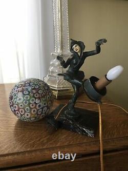 Gerdago Antique Art Deco Pixie Harlequin Figural Lamp Millefiori Glass Shade