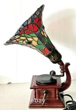 Gramophone Tiffany Style Accent Lamp Stained Glass Shade Works Pre-Owned