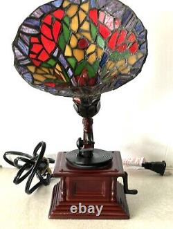 Gramophone Tiffany Style Accent Lamp Stained Glass Shade Works Pre-Owned