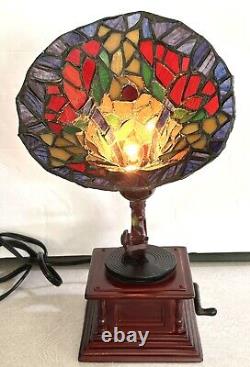 Gramophone Tiffany Style Accent Lamp Stained Glass Shade Works Pre-Owned