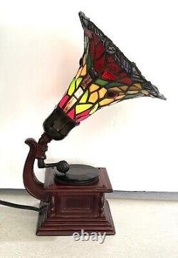 Gramophone Tiffany Style Accent Lamp Stained Glass Shade Works Pre-Owned