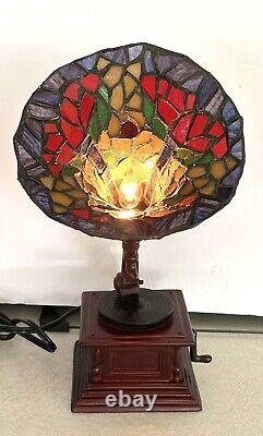 Gramophone Tiffany Style Accent Lamp Stained Glass Shade Works Pre-Owned