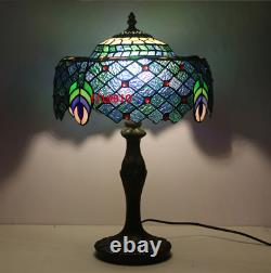 Green Tiffany Style Table Lamp Blue Stained Glass Shade Antique Desk Light 12