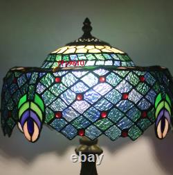 Green Tiffany Style Table Lamp Blue Stained Glass Shade Antique Desk Light 12