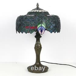 Green Tiffany Style Table Lamp Blue Stained Glass Shade Antique Desk Light 12