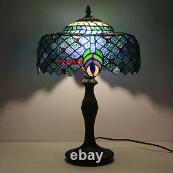 Green Tiffany Style Table Lamp Blue Stained Glass Shade Antique Desk Light 12