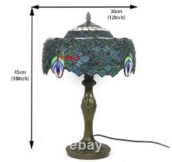 Green Tiffany Style Table Lamp Blue Stained Glass Shade Antique Desk Light 12