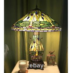 Green Yellow Stained Glass Tiffany Style Dragonfly Table Lamp With Lighted Base