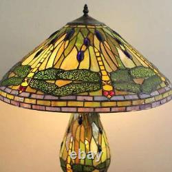 Green Yellow Stained Glass Tiffany Style Dragonfly Table Lamp With Lighted Base