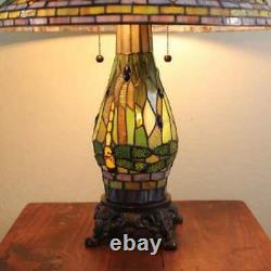 Green Yellow Stained Glass Tiffany Style Dragonfly Table Lamp With Lighted Base