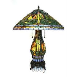 Green Yellow Stained Glass Tiffany Style Dragonfly Table Lamp With Lighted Base