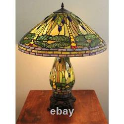 Green Yellow Stained Glass Tiffany Style Dragonfly Table Lamp With Lighted Base