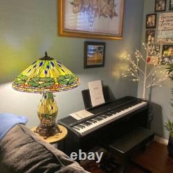 Green Yellow Stained Glass Tiffany Style Dragonfly Table Lamp With Lighted Base