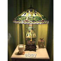 Green Yellow Stained Glass Tiffany Style Dragonfly Table Lamp With Lighted Base