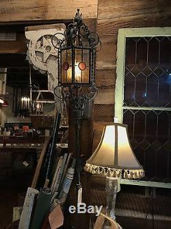 Hand Forged Wrought Iron Antique Stained Glass Gothic Torch Light Lamp Sconce