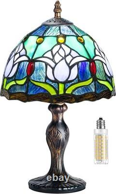 Handcrafted Stained Glass Table Lamp Touch Control, Antique Blue Tulip Design