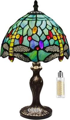 Handmade Stained Glass Table Lamp with Touch Switch Green Dragonfly Design