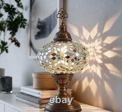 Handmade White Turkish Mosaic Table Lamp Elegant Artisan Stained Glass Accent