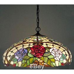 Hanging Ceiling Lamp Fixture Tiffany Style Amber Red Flower Stained Glass Shade