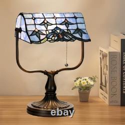 HomeBeauty TL0031 Baroque Tiffany Banker Desk Lamp Stained Glass Blue Shade w