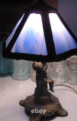 L&L Super Rare Petite Desk Blue Slag Glass Tiffany Style Lamp Stained Glass
