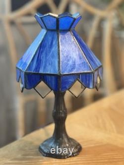 L&L Super Rare Petite Desk Blue Slag Glass Tiffany Style Lamp Stained Glass