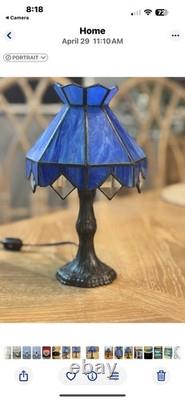 L&L Super Rare Petite Desk Blue Slag Glass Tiffany Style Lamp Stained Glass