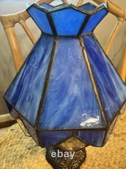 L&L Super Rare Petite Desk Blue Slag Glass Tiffany Style Lamp Stained Glass